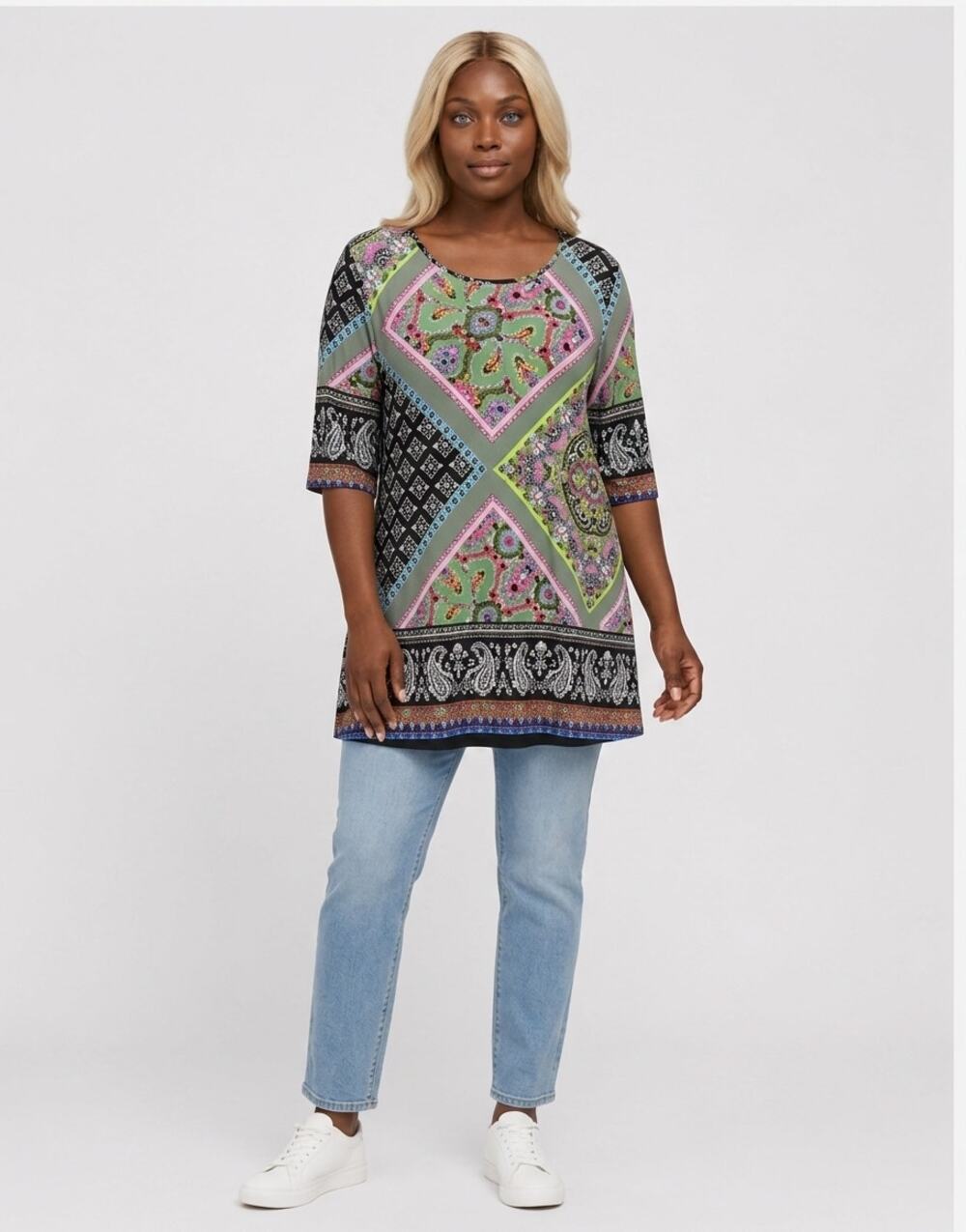 Caleoas Multicolor Knit Geometric Stretch Tunic Top Women Size L